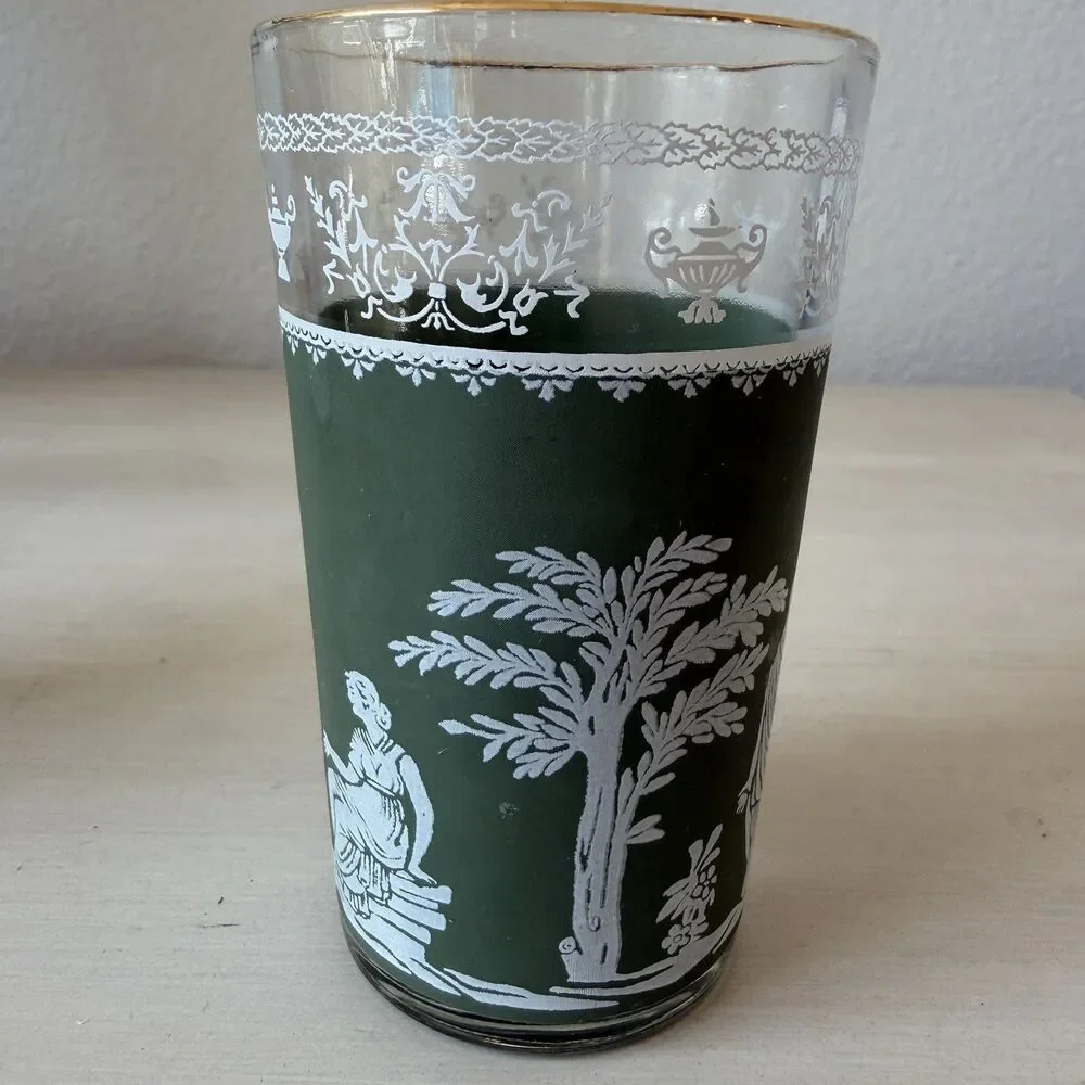 Set of 2 Vintage Jeanette Juice Glass Green Hellenic Jasperware Style Gold Rim